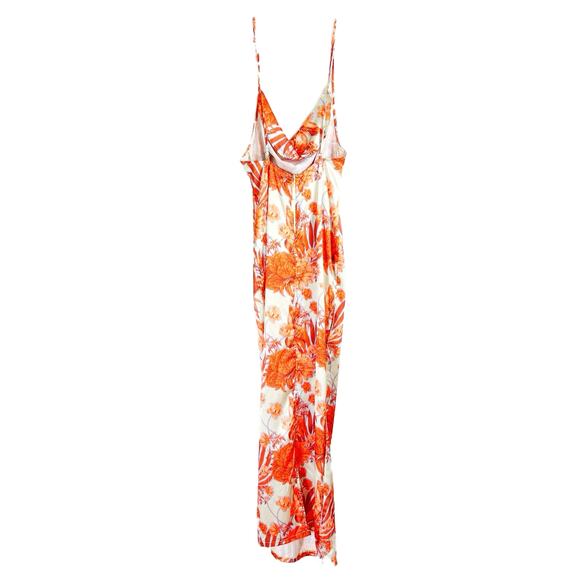 Pretty Little Thing Orange Floral Print Satin Cowl Neck Maxi Dress Size 8 - Picture 4 of 11
